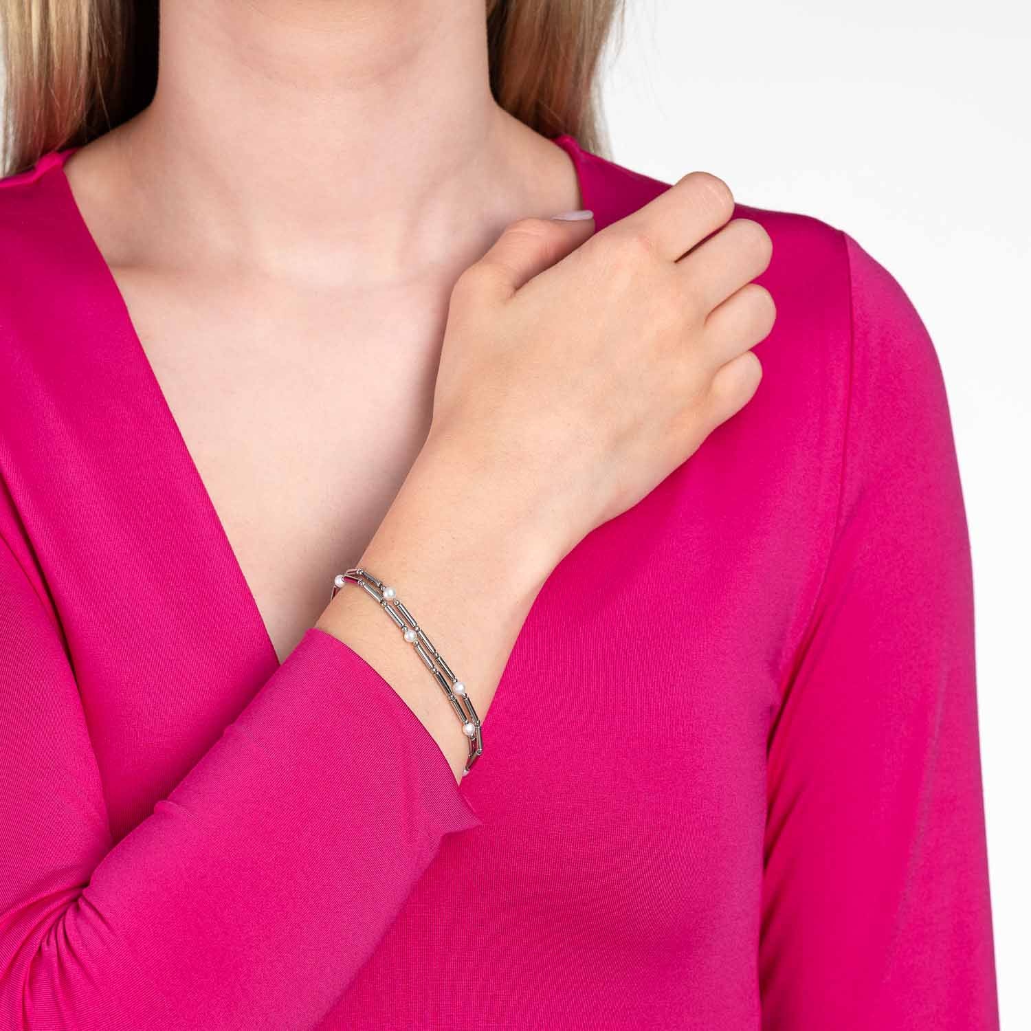 leonardo-mirella-bracelet-acier-perles-eau-douce-argent image 2